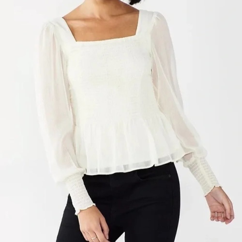 NINE WEST-IVORY/SILVER STRIPE-SQUARE NECK-CHIFFON-LINED BLOUSE